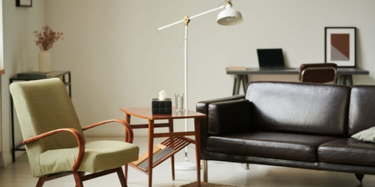 A modern interior of a psychologist office with a comfortable sofa and armchair.
