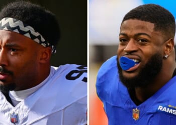 This photo combination shows Cleveland Browns defensive end Myles Garrett, left, in Cincinnati, Ohio, on Jan. 4, 2026, and Los Angeles Rams linebacker Jared Verse, on Jan. 4, 2026, in Inglewood, California.