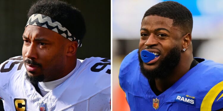 This photo combination shows Cleveland Browns defensive end Myles Garrett, left, in Cincinnati, Ohio, on Jan. 4, 2026, and Los Angeles Rams linebacker Jared Verse, on Jan. 4, 2026, in Inglewood, California.