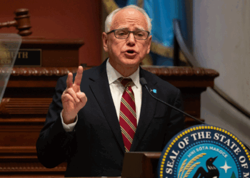 Minnesota Gov. Tim Walz delivers the final State of the State speech of his term before a joint session of the state legislature in the house chambers at the State Capitol in St. Paul Tuesday, April 28, 2026. (Photo by Jeff Wheeler/The Minnesota Star Tribune via Getty Images)