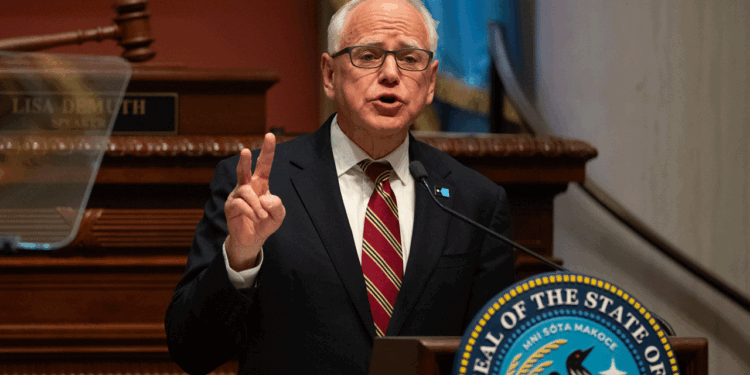 Minnesota Gov. Tim Walz delivers the final State of the State speech of his term before a joint session of the state legislature in the house chambers at the State Capitol in St. Paul Tuesday, April 28, 2026. (Photo by Jeff Wheeler/The Minnesota Star Tribune via Getty Images)