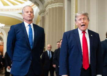 US President Donald Trump, alongside Senate Majority Leader John Thune at the US Capitol.
