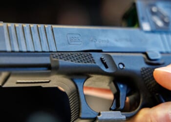 A Glock 45 is showcased at a defense trade fair in Nuremberg, Germany on February 25, 2026.