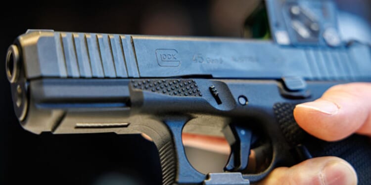 A Glock 45 is showcased at a defense trade fair in Nuremberg, Germany on February 25, 2026.