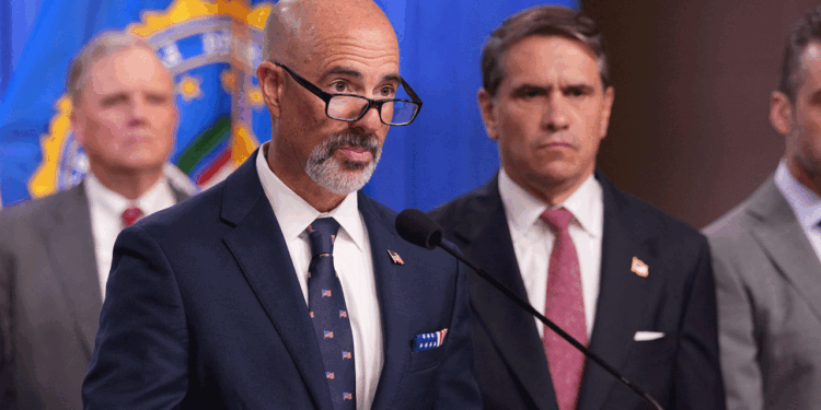 Drug Enforcement Administration Administrator Terry Cole (2L) joined by, L-R, Acting Attorney General Todd Blanche (2R), speaks during a press conference on June 23. (Ken Cedeno / AFP via Getty Images)