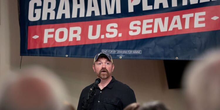 Democratic U.S. Senate candidate Graham Platner speaks during a campaign event on May 17 in Portland, Maine.