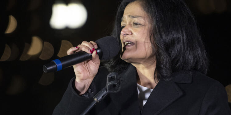 United States Representative Pramila Jayapal speaks during The People's State of the Union rally at the National Mall in Washington, D.C.