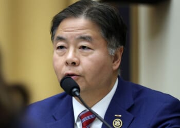 Rep.Ted Lieu of California, seen in a February photo, offered some wild speculation as to why President Donald Trump cancelled a ceremony Wednesday.