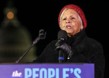 Representative Bonnie Watson Coleman speaks at the People’s State of the Union on February 24, 2026.
