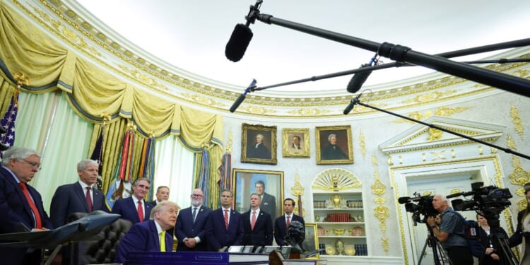President Donald Trump speaks to the media during a "Beautiful, Clean Coal" event in the Oval Office of the White House on June 4, 2026, in Washington, D.C.