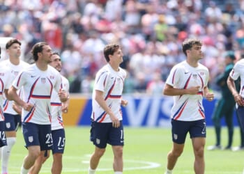 Players of the United States warm up before the FIFA World Cup 2026 Group D match between the United States and Australia at Seattle Stadium on June 19, 2026, in Seattle, Washington.