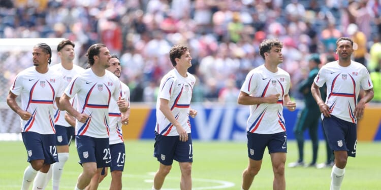 Players of the United States warm up before the FIFA World Cup 2026 Group D match between the United States and Australia at Seattle Stadium on June 19, 2026, in Seattle, Washington.
