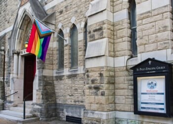 A "pride flag" flies outside of Saint Paul's Episcopal church in Evansville, Indiana, as seen on May 13, 2025.