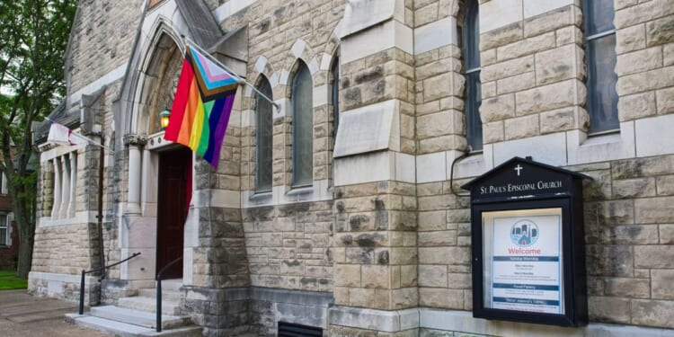 A "pride flag" flies outside of Saint Paul's Episcopal church in Evansville, Indiana, as seen on May 13, 2025.