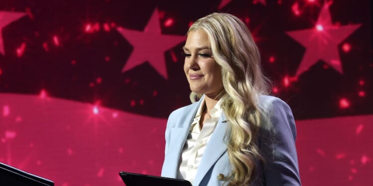 Turning Point USA CEO Erika Kirk speaks during a Turning Point USA event at the Dream City Church on April 17, 2026, in Phoenix, Arizona.