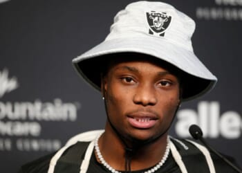 Henry Ruggs III speaks with reporters at the Las Vegas Raiders Headquarters in Henderson, Nevada, in a file photo dated July 28, 2021, a few months before the deadly DUI crash that killed a woman and sidelined his career.