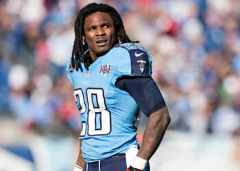 Chris Johnson #28 of the Tennessee Titans watches a replay during a game against the Houston Texans at LP Field in Nashville, Tennessee, in a file photo dated Dec. 29, 2013.