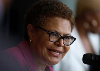 Mayor Karen Bass speaks at a campaign rally at East End Studios in Los Angeles on June 9, 2026.