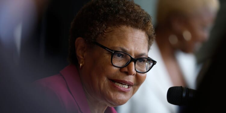 Mayor Karen Bass speaks at a campaign rally at East End Studios in Los Angeles on June 9, 2026.