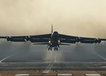 A United States Air Force B-52 Stratofortress strategic bomber takes off from RAF Fairford on March 19, 2026, in Fairford, England.
