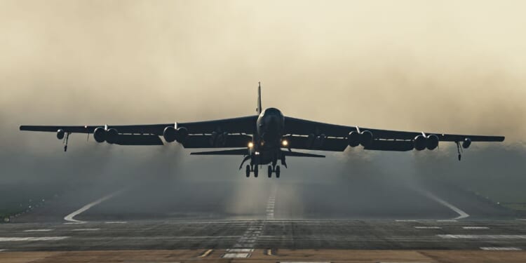 A United States Air Force B-52 Stratofortress strategic bomber takes off from RAF Fairford on March 19, 2026, in Fairford, England.