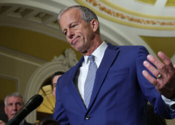 Senate Majority Leader John Thune speaks to reporters after the weekly Senate policy luncheons at the U.S. Capitol.