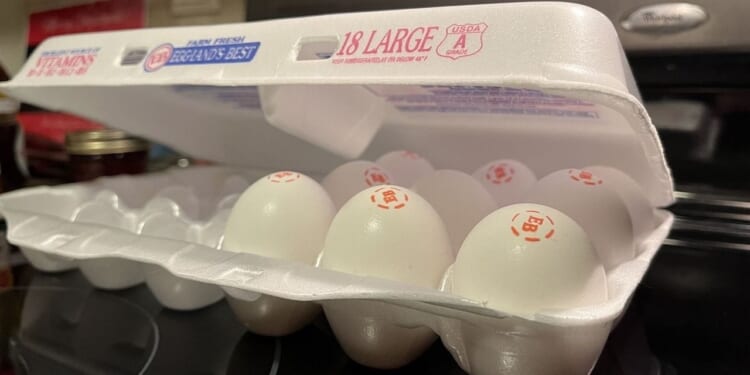 A carton of large eggs rests on a kitchen stove.