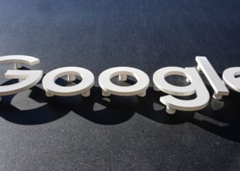 The Google logo is displayed on a New York building on October 27, 2025.