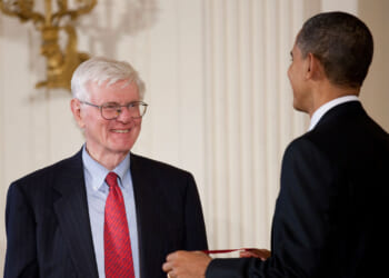 A smiling Gordon Wood receives an award from President Barack Obama in East Room of White House.