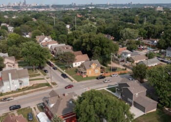 An afternoon view of neighborhood homes near downtown Kansas City, Kansas.