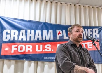 Democratic U.S. Senate candidate Graham Platner speaks to voters at a town hall at the Elks Lodge 188 on June 7, 2026, in Portland, Maine.