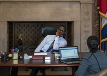 Cleveland Mayor Justin Bibb meets in his office at City Hall.