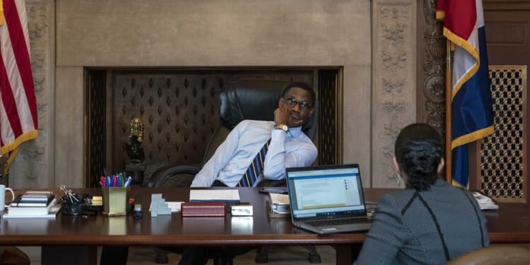 Cleveland Mayor Justin Bibb meets in his office at City Hall.