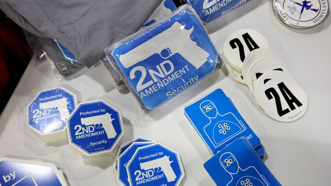 2nd Amendment stickers sit on a table.
