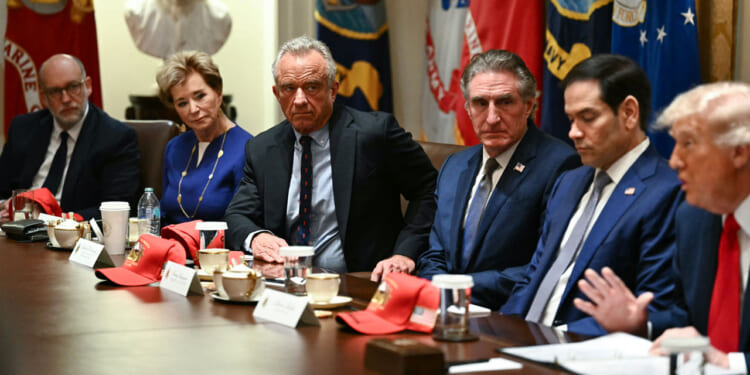 US Secretary of Education Linda McMahon, US Secretary of Health and Human Services Robert F. Kennedy Jr., US Secretary of the Interior Doug Burgum, US Secretary of State Marco Rubio look on as US President Donald Trump.