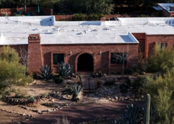 In an aerial view, the home of Nancy Guthrie is shown on March 2, 2026, in Tucson, Arizona.