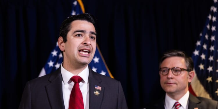 Rep. Gabe Evans speaks at a news conference at the Republican National Committee after a meeting of the House Republican Conference on March 4, 2025, in Washington, D.C.