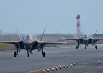 United States Marine Corps Lockheed Martin F-35B Lightning II STOVL stealth multirole fighters belonging to the VMFA-121 "Green Knights" taxiing at the MCAS Iwakuni in Yamaguchi, Japan, on March 23, 2017.