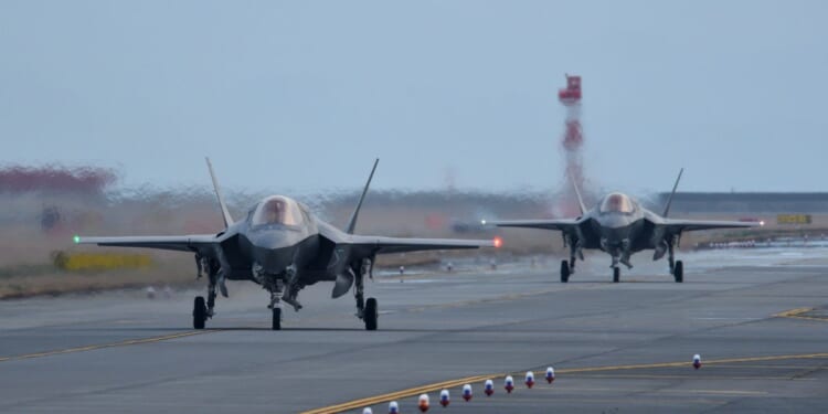 United States Marine Corps Lockheed Martin F-35B Lightning II STOVL stealth multirole fighters belonging to the VMFA-121 "Green Knights" taxiing at the MCAS Iwakuni in Yamaguchi, Japan, on March 23, 2017.