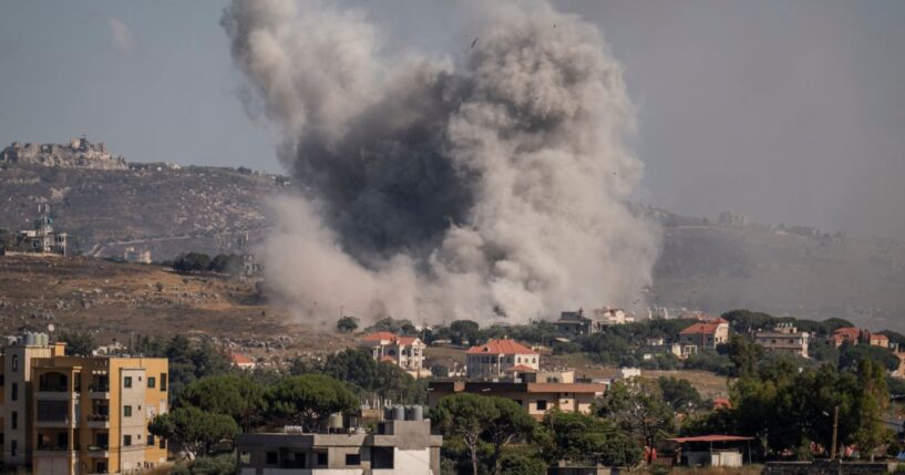 An Israeli army airstrike leaves a plume of smoke behind in Nabatieh, Lebanon, on June 19, 2026.