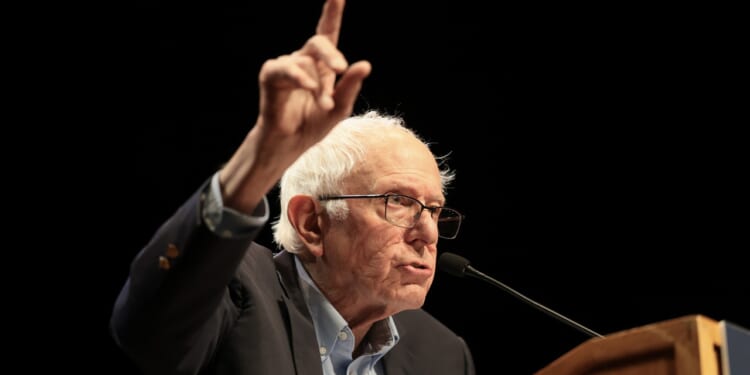 Sen. Bernie Sanders, I-Vt., raising his finger while speaking