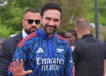 New York City Mayor Zohran Mamdani in a UAE soccer jersey.