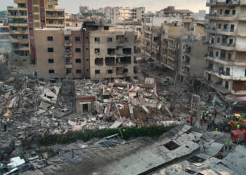 Rescuers work at the site of an Israeli airstrike that hit a building and damaged a hospital in the southern port city of Tyre, Lebanon, on June 1, 2026.