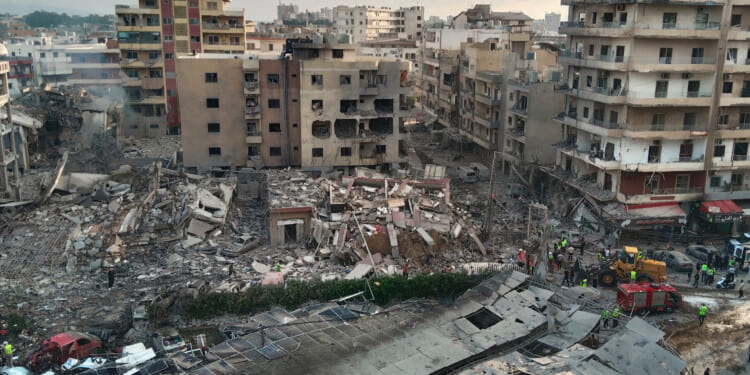 Rescuers work at the site of an Israeli airstrike that hit a building and damaged a hospital in the southern port city of Tyre, Lebanon, on June 1, 2026.