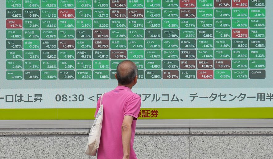 A person looks at an electronic stock board showing Japan's Nikkei index at a securities firm Tuesday, June 2, 2026, in Tokyo. (AP Photo/Eugene Hoshiko)