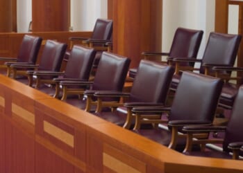 A jury box sits empty.