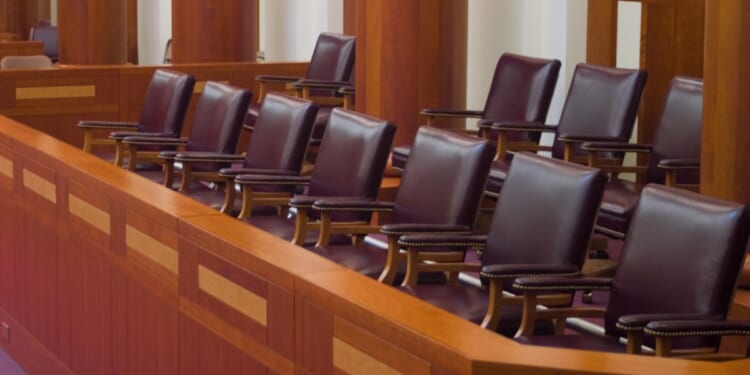 A jury box sits empty.
