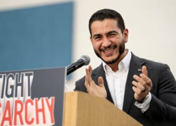 US Senate candidate for Michigan Abdul El-Sayed speaks at a rally in Bernie Sanders’ “Fighting Oligarchy” tour on May 3, 2026.