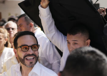Presidential candidate Abelardo de la Espriella of the Defenders of the Motherland movement depart a polling station after voting during the presidential election in Barranquilla, Colombia, on May 31, 2026.