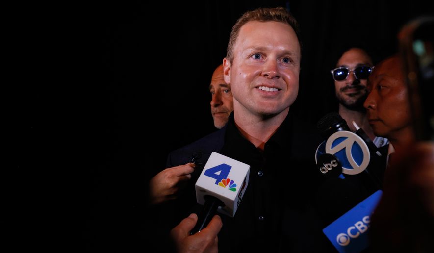 Spencer Pratt, a candidate in the Los Angeles mayoral race, fields interviews during an election night event Tuesday, June 2, 2026, in Los Angeles. (AP Photo/Jill Connelly)